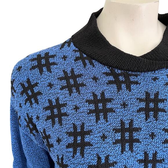 VTG 80s High Neck Drop Sleeve Hashtag Plus Sign Knit Sweater Blue Black SZ 6 - Picture 3 of 9